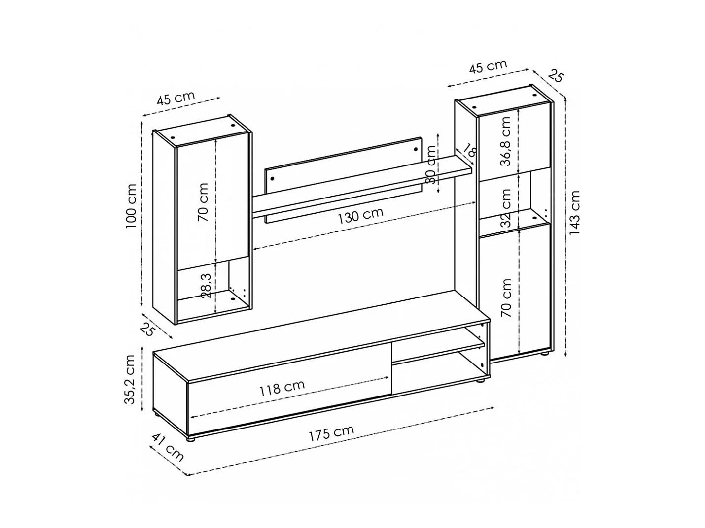 Meuble de salon en panneaux de particules coloris chêne nordique / blanc - Longueur 220 x Profondeur 41 x Hauteur 180 cm