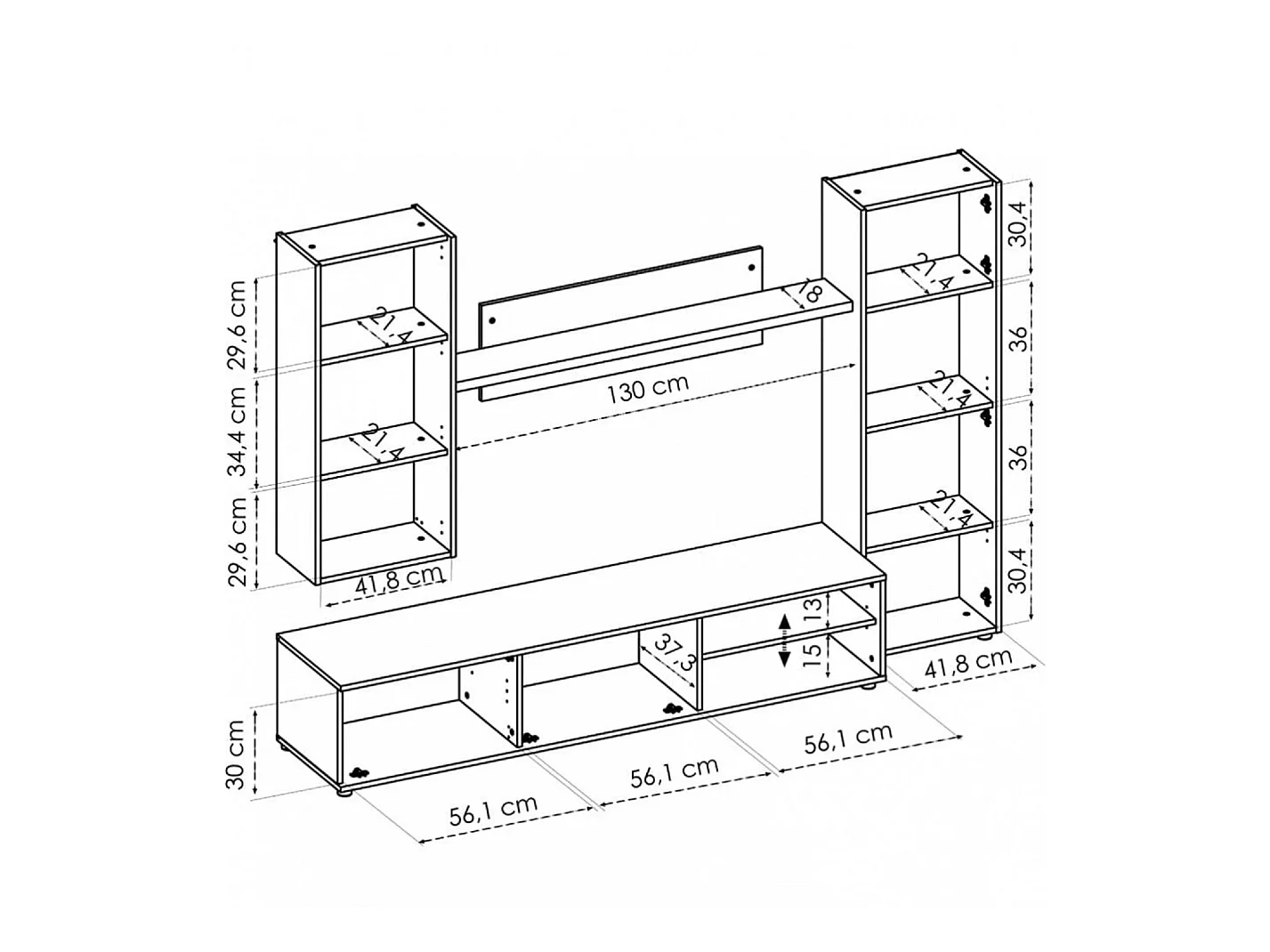 Meuble de salon en panneaux de particules coloris chêne nordique / blanc - Longueur 220 x Profondeur 41 x Hauteur 180 cm