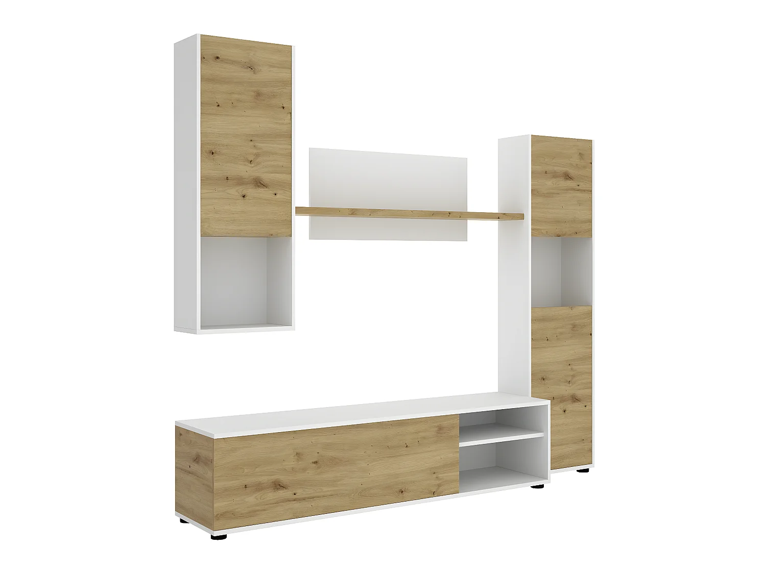 Meuble de salon en panneaux de particules coloris chêne nordique / blanc - Longueur 220 x Profondeur 41 x Hauteur 180 cm