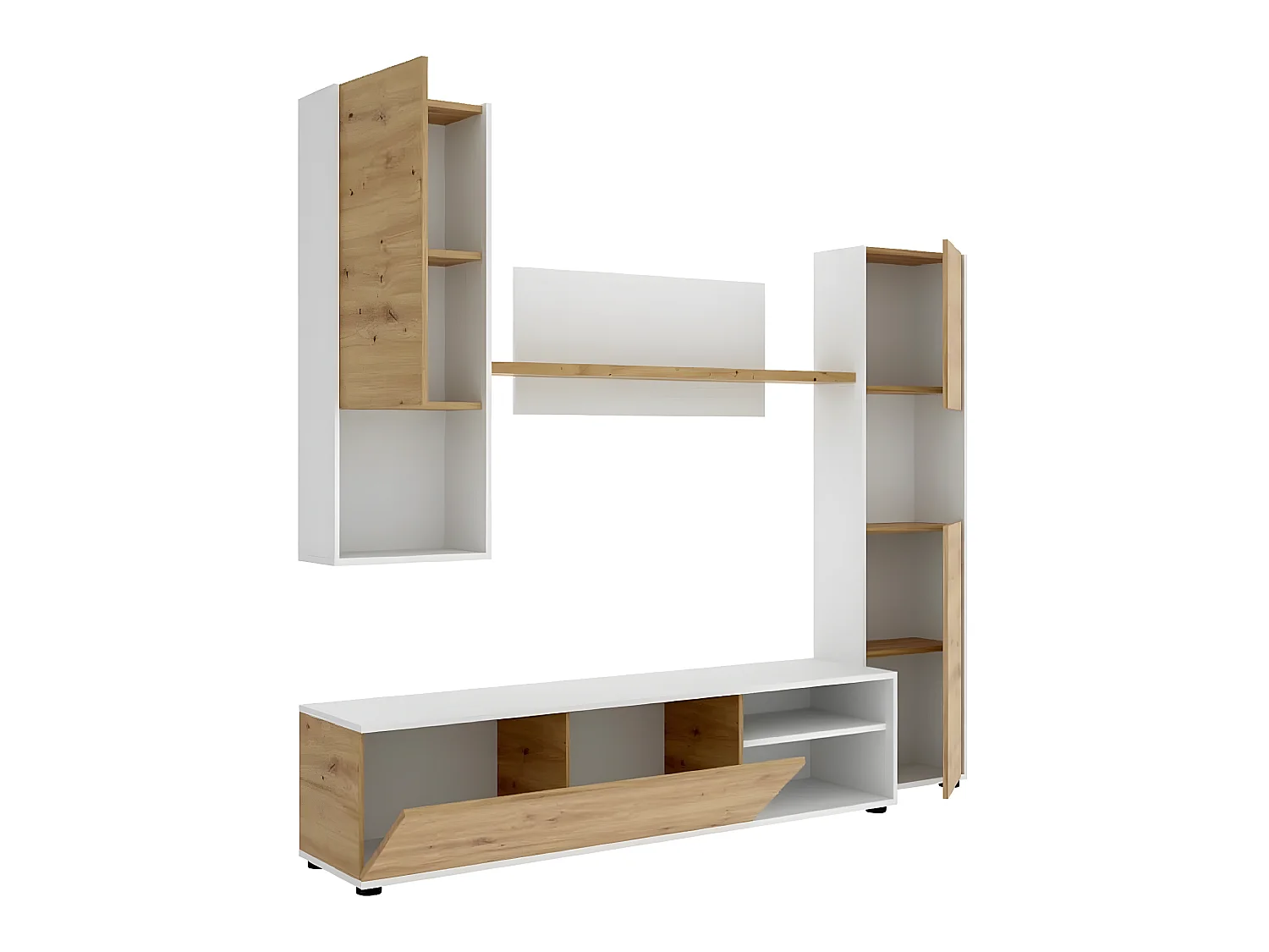 Meuble de salon en panneaux de particules coloris chêne nordique / blanc - Longueur 220 x Profondeur 41 x Hauteur 180 cm