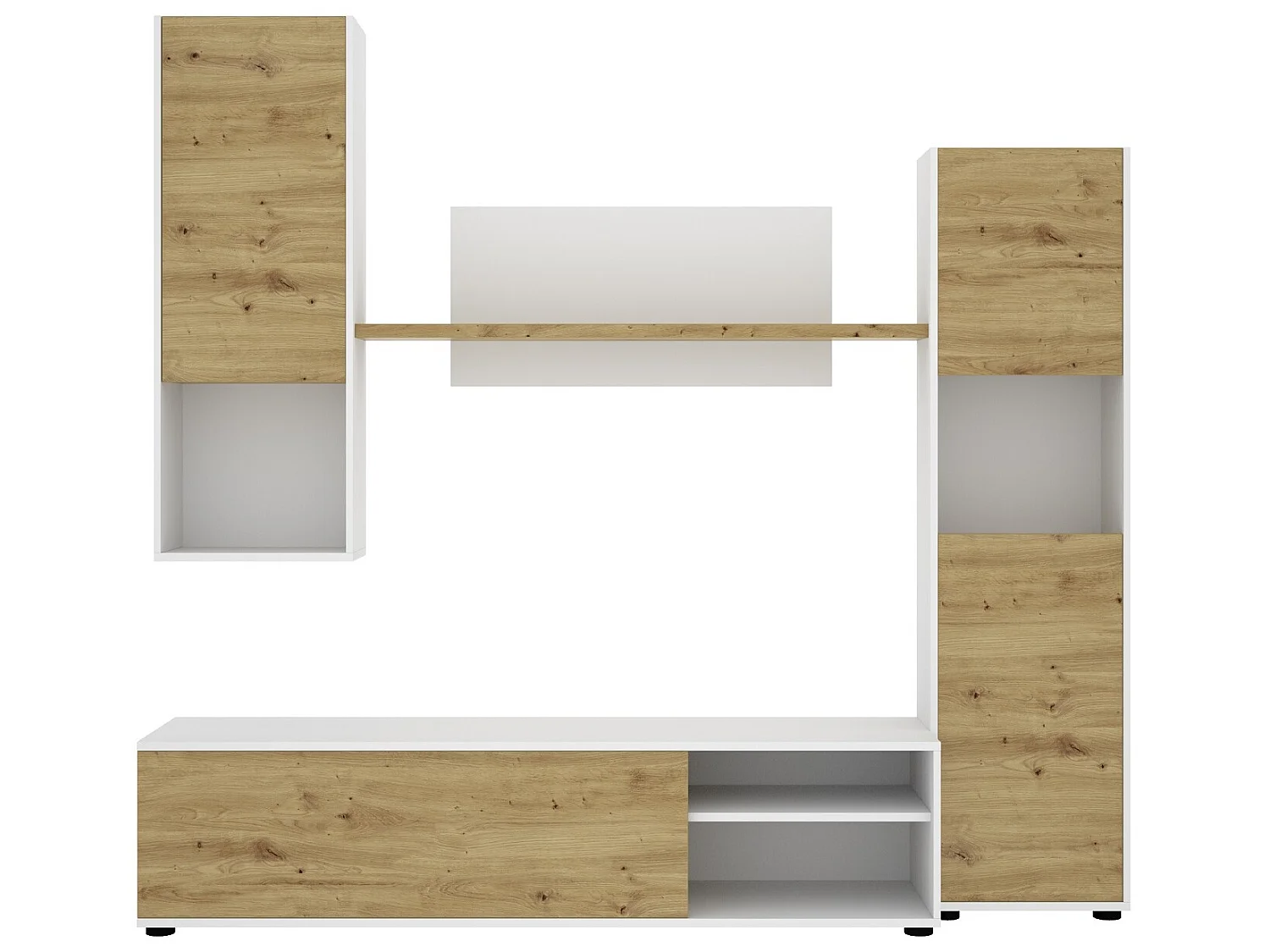 Meuble de salon en panneaux de particules coloris chêne nordique / blanc - Longueur 220 x Profondeur 41 x Hauteur 180 cm