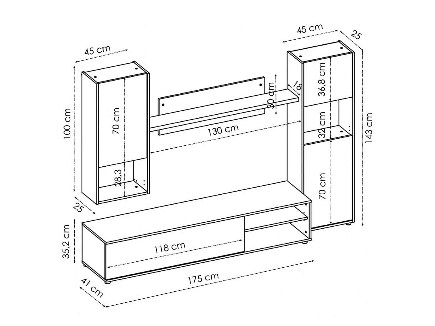 Meuble de salon en panneaux de particules coloris chêne nordique / blanc - Longueur 220 x Profondeur 41 x Hauteur 180 cm