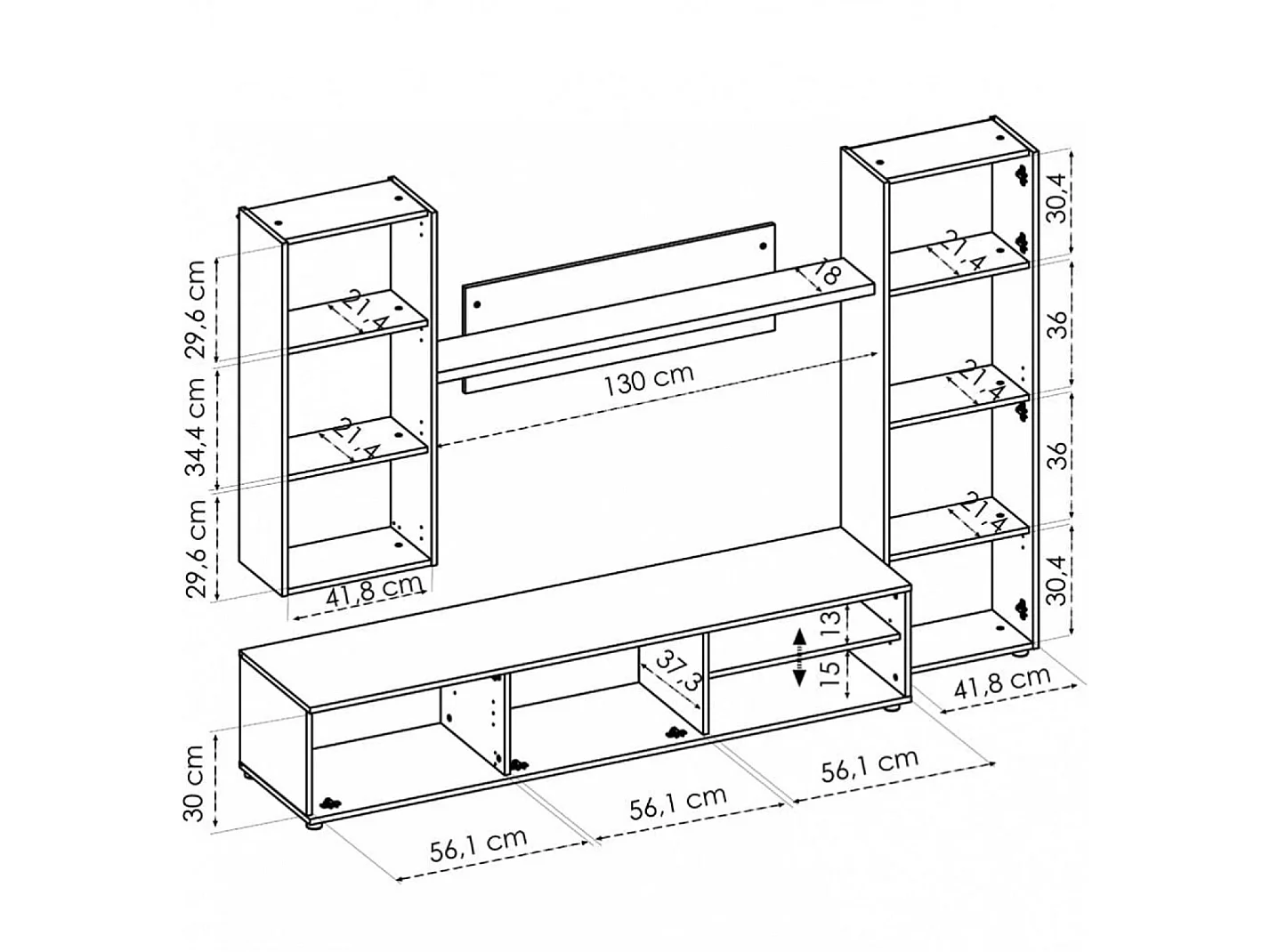 Meuble de salon en panneaux de particules coloris chêne nordique / blanc - Longueur 220 x Profondeur 41 x Hauteur 180 cm