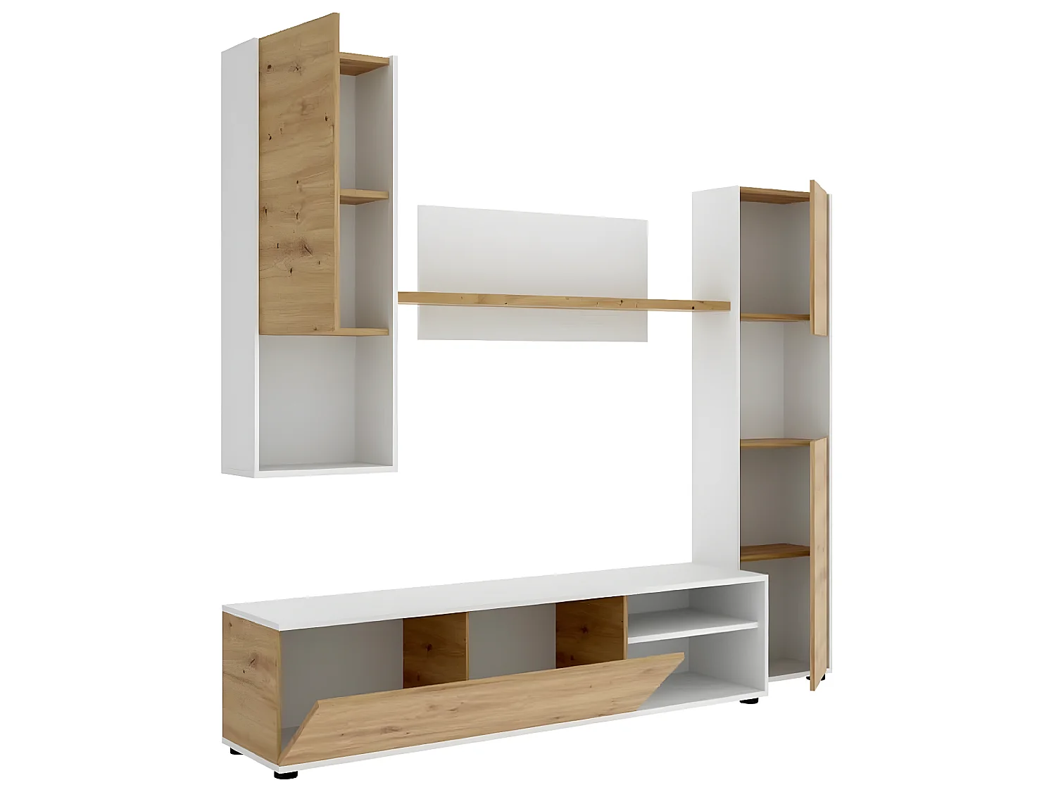 Meuble de salon en panneaux de particules coloris chêne nordique / blanc - Longueur 220 x Profondeur 41 x Hauteur 180 cm