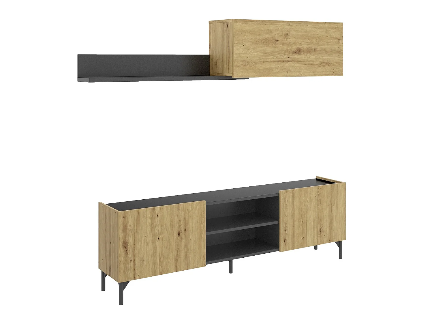 Meuble de salon en panneaux de particules coloris chêne nordique/gris graphite - Longueur 182.4 x Profondeur 35 x Hauteur 180 cm