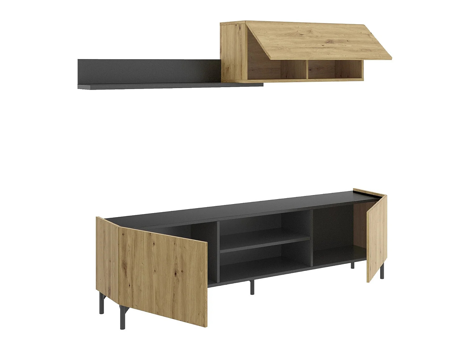 Meuble de salon en panneaux de particules coloris chêne nordique/gris graphite - Longueur 182.4 x Profondeur 35 x Hauteur 180 cm