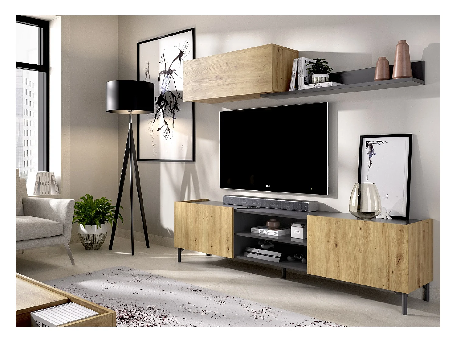 Meuble de salon en panneaux de particules coloris chêne nordique/gris graphite - Longueur 182.4 x Profondeur 35 x Hauteur 180 cm