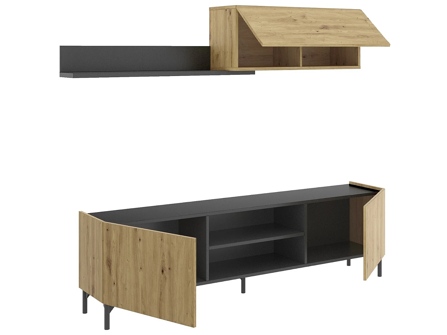 Meuble de salon en panneaux de particules coloris chêne nordique/gris graphite - Longueur 182.4 x Profondeur 35 x Hauteur 180 cm