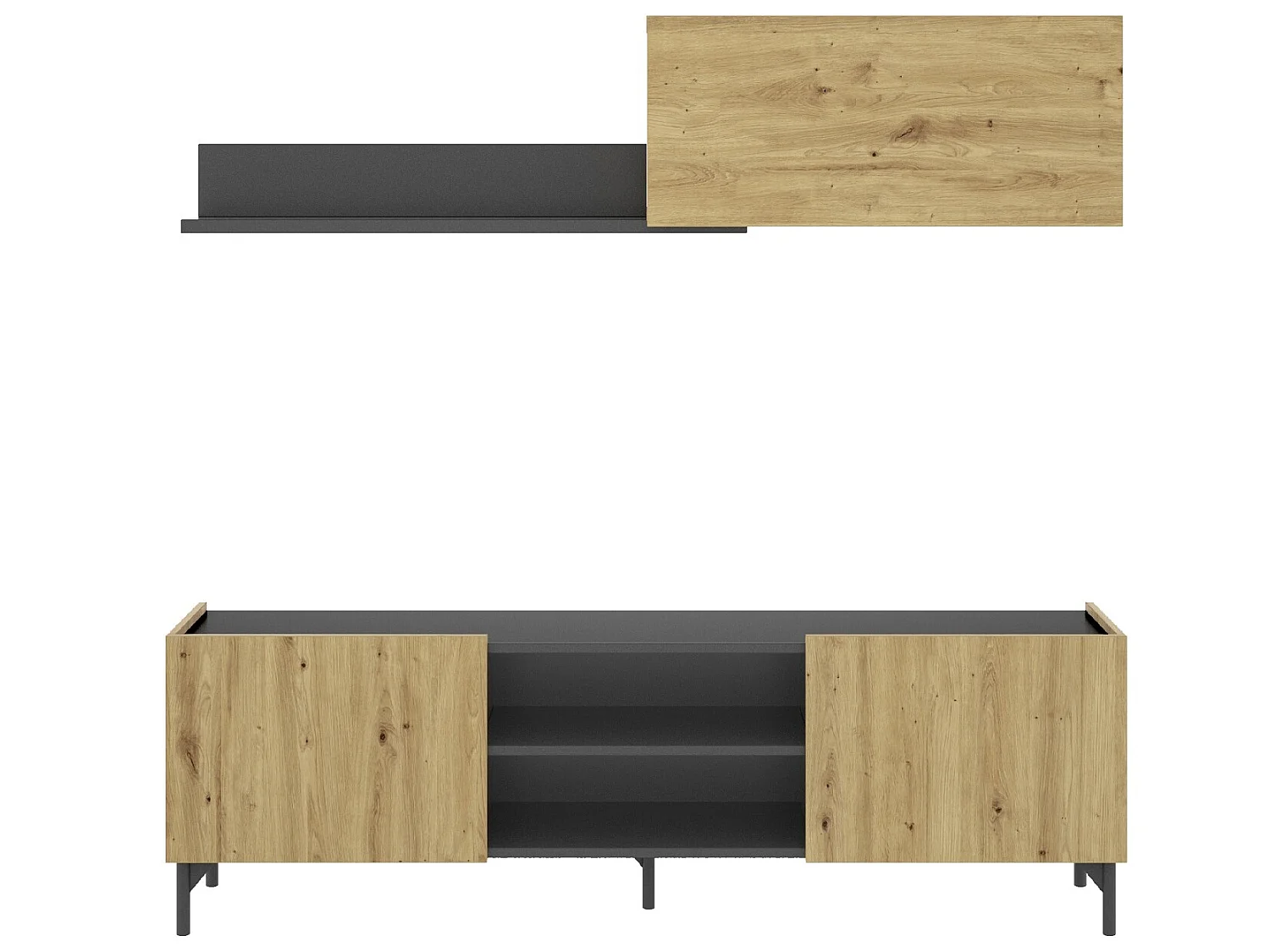 Meuble de salon en panneaux de particules coloris chêne nordique/gris graphite - Longueur 182.4 x Profondeur 35 x Hauteur 180 cm