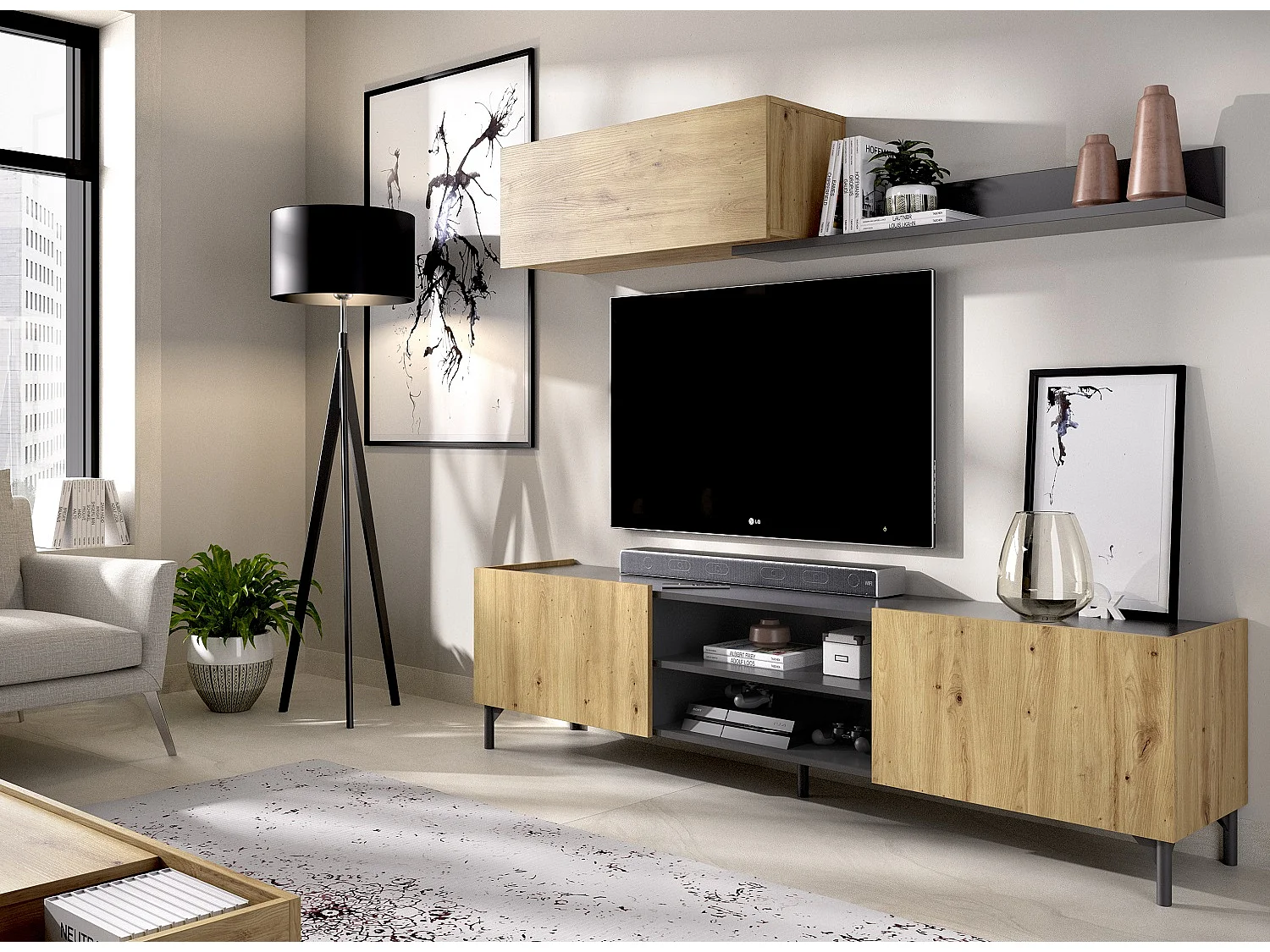 Meuble de salon en panneaux de particules coloris chêne nordique/gris graphite - Longueur 182.4 x Profondeur 35 x Hauteur 180 cm