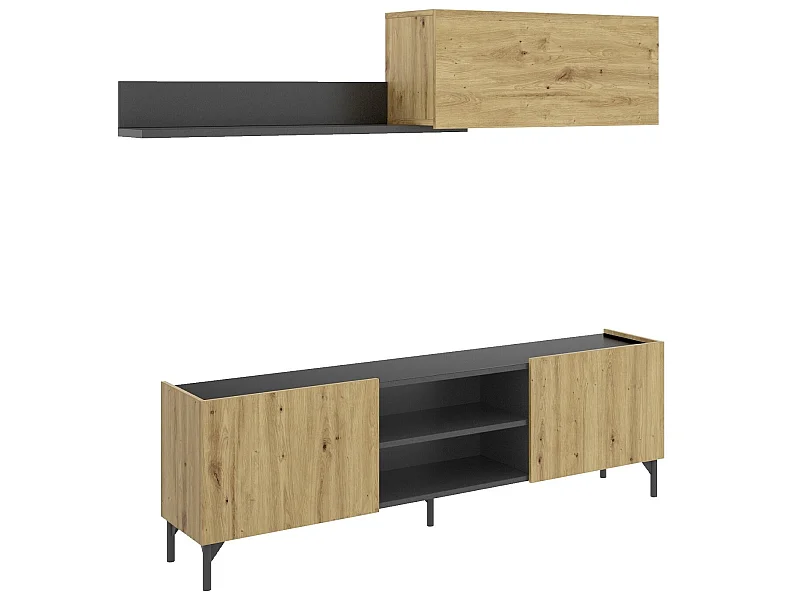 Meuble de salon en panneaux de particules coloris chêne nordique/gris graphite - Longueur 182.4 x Profondeur 35 x Hauteur 180 cm