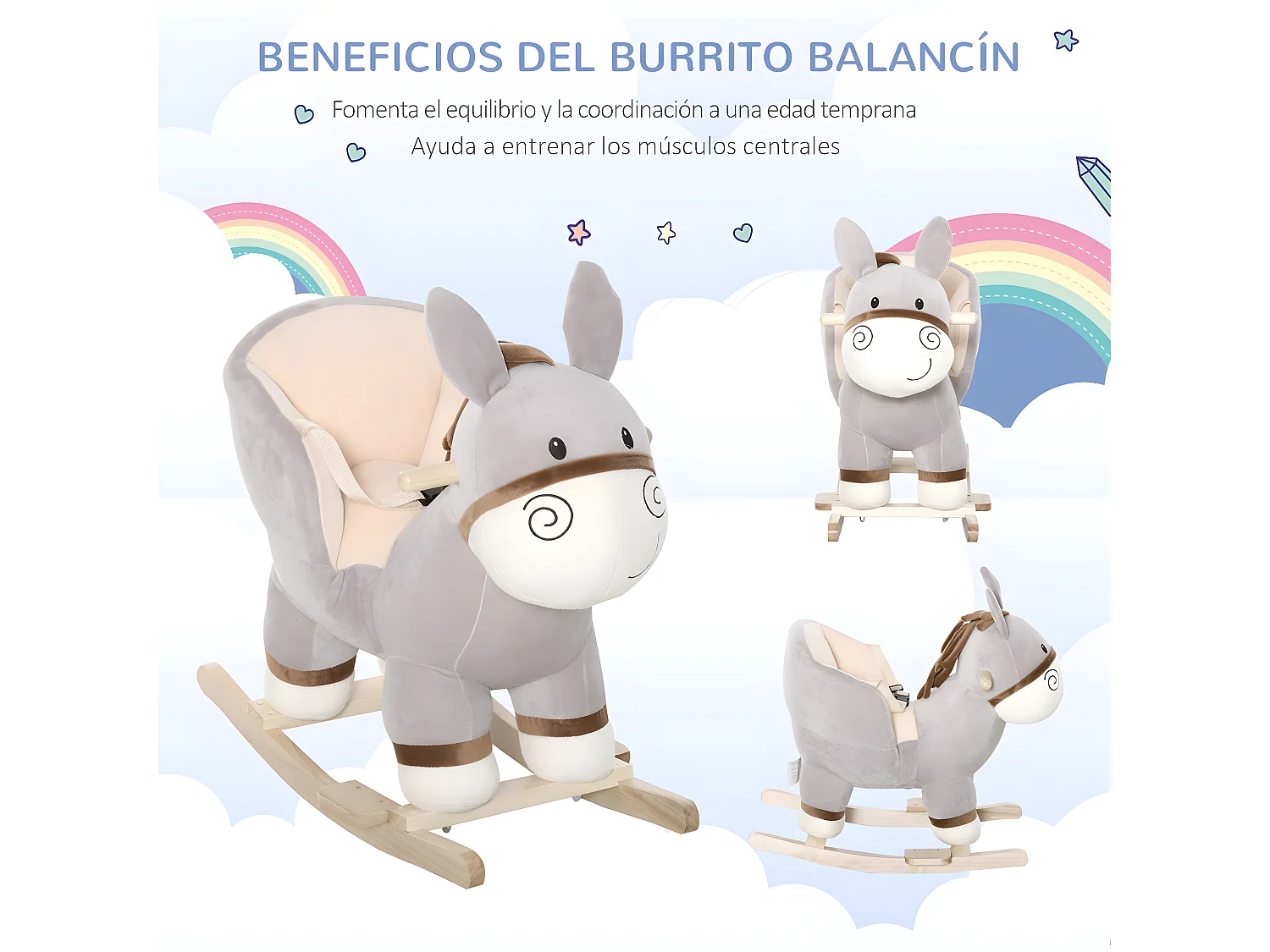 Caballo balancín de bebé gris 61x34x58 cm HOMCOM