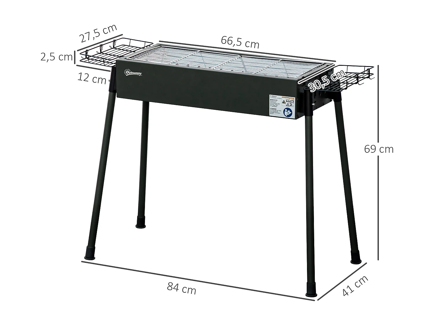 Barbacoa de carbón negro 77x30x70 cm Outsunny