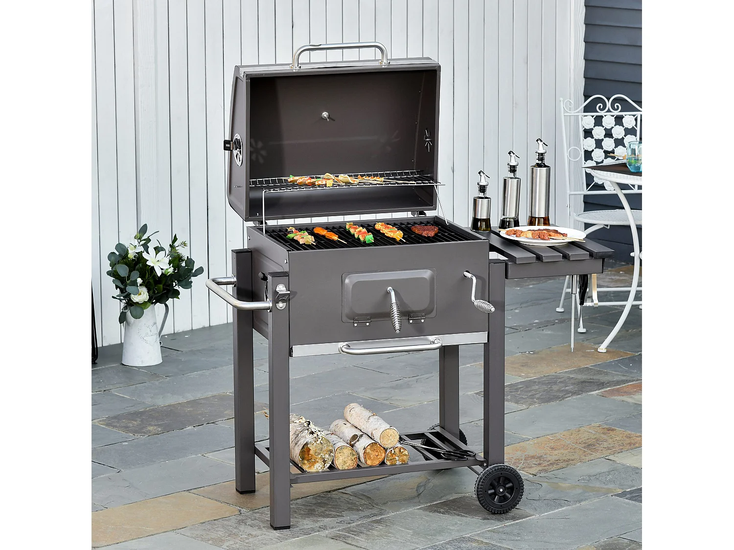 Barbacoa de carbón gris grafito 115x56x108cm Outsunny