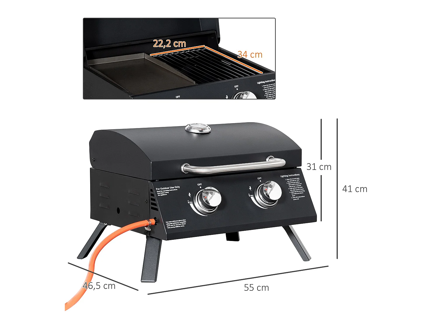 Barbacoa de mesa a gas negro 55x46.5x41 cm Outsunny
