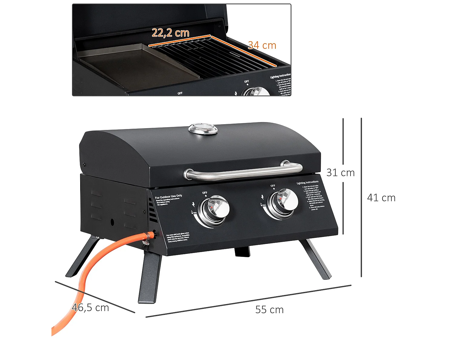 Barbacoa de mesa a gas negro 55x46.5x41 cm Outsunny