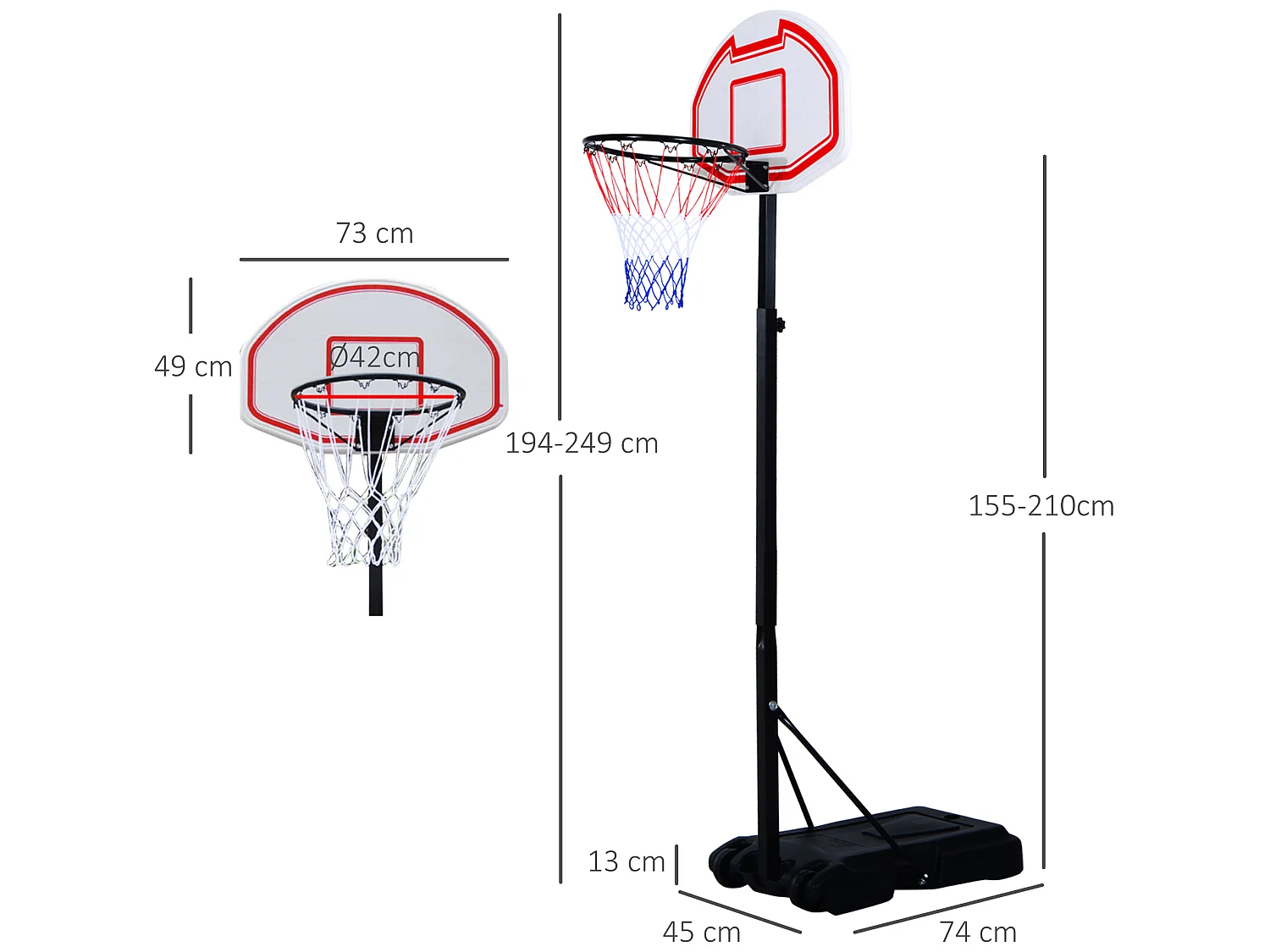 Canasta de baloncesto blanco y negro 73x49x249 cm HOMCOM