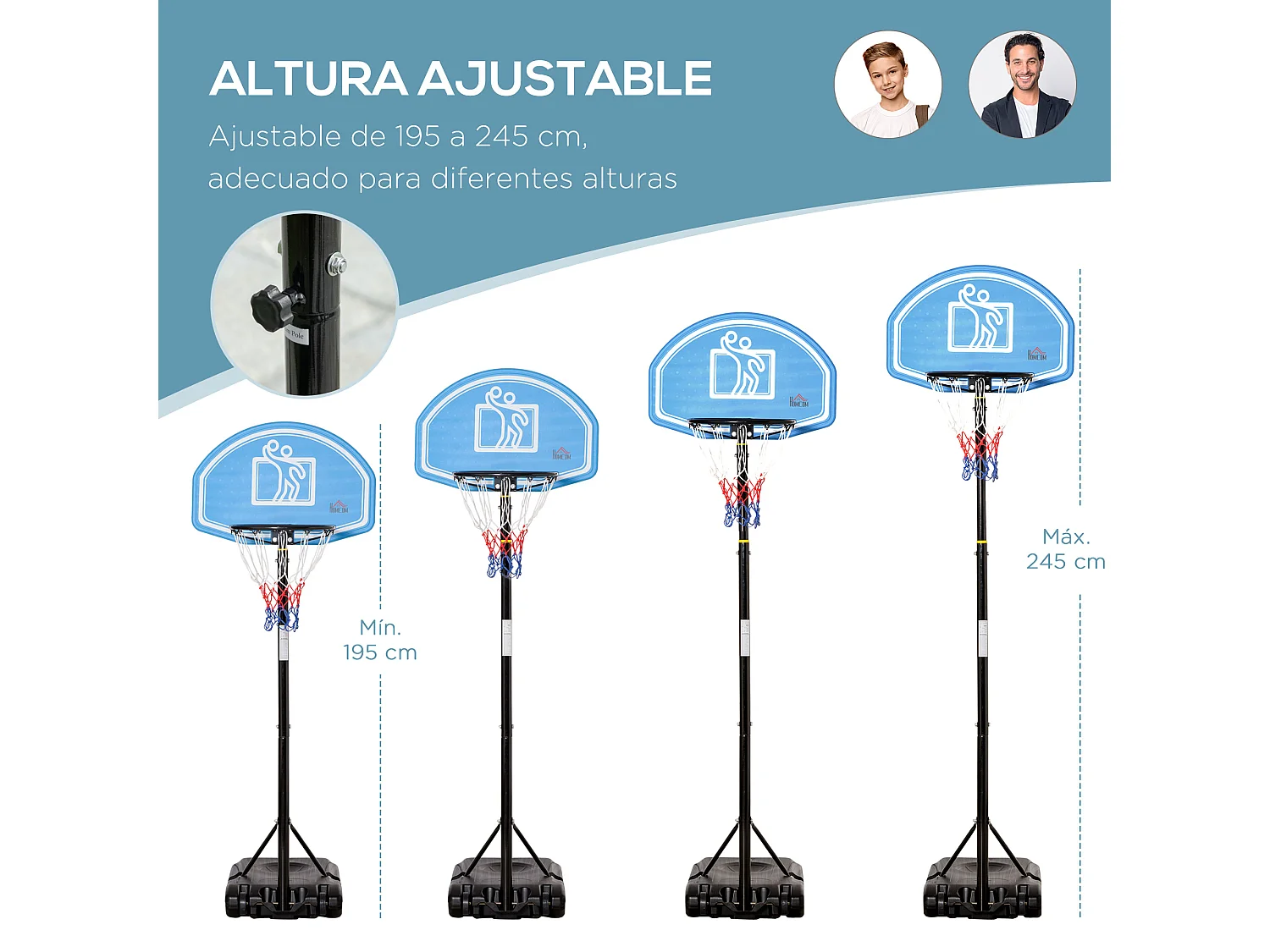 Canasta de baloncesto negro y azul 76x70x254 cm HOMCOM
