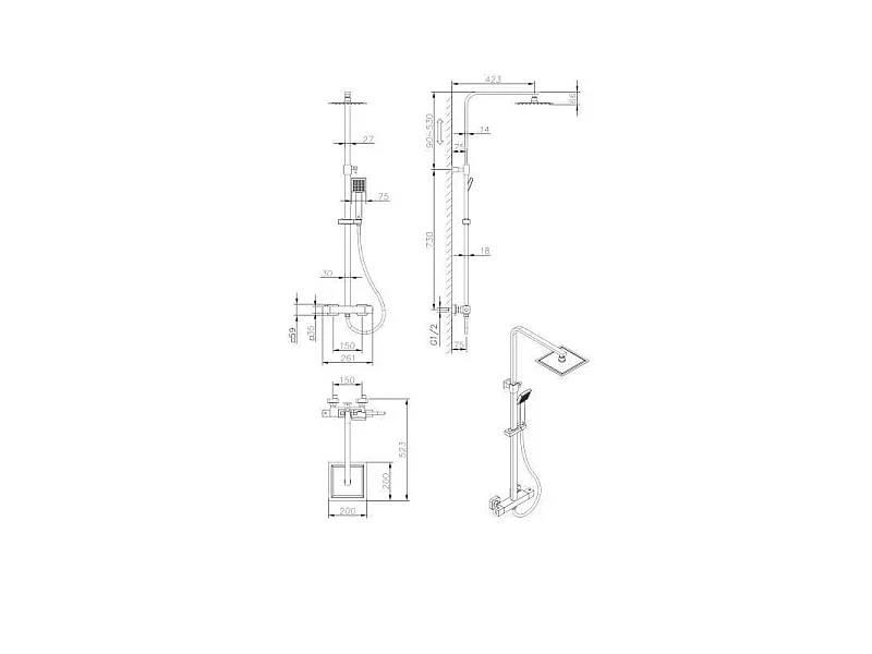 Colonne de douche - Mitigeur thermostatique - Pomme haute carrée 20x20 cm -  - Noir mat