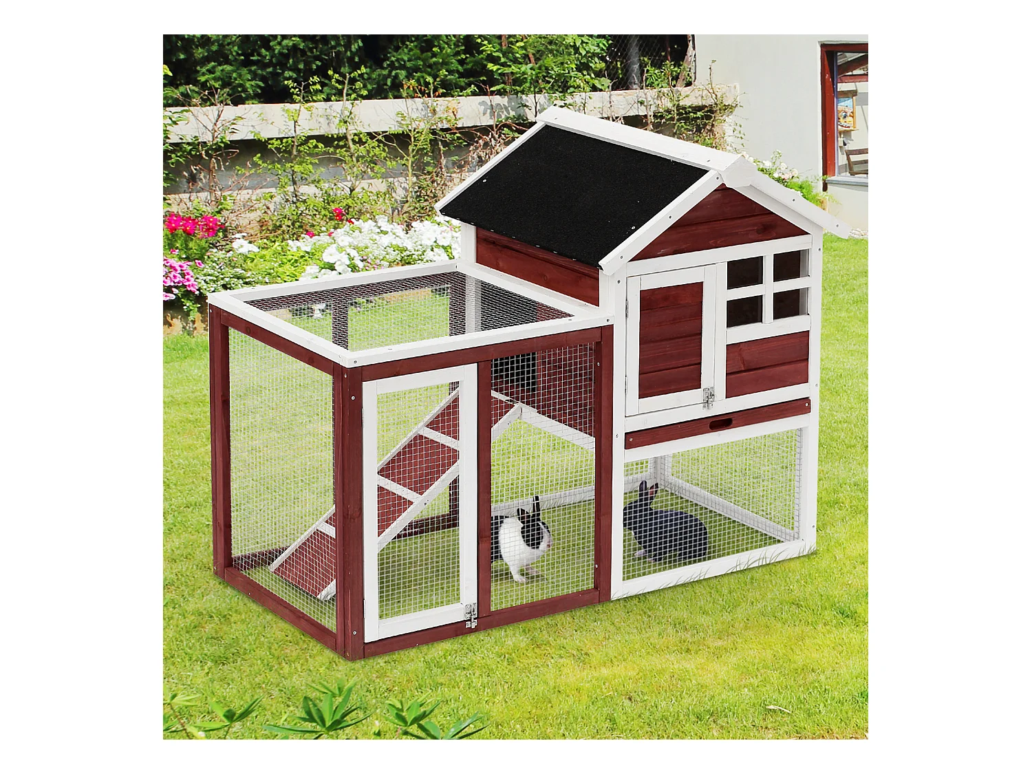 Conejera de madera exterior rojo 122x62.6x92 cm PawHut