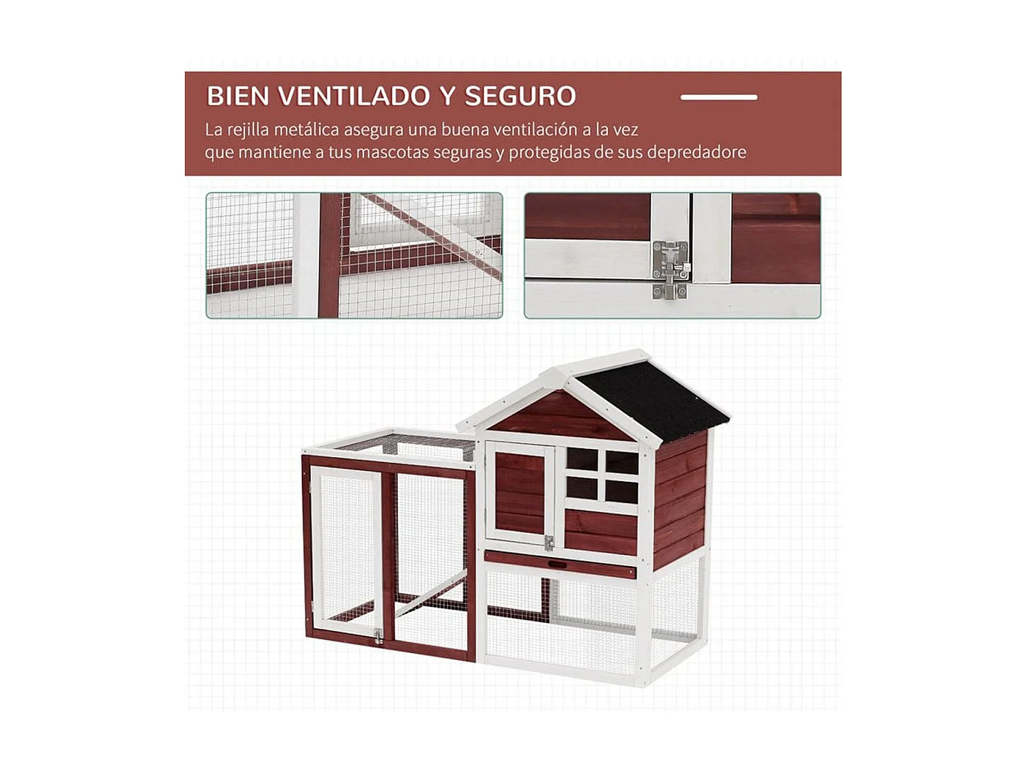 Conejera de madera exterior rojo 122x62.6x92 cm PawHut