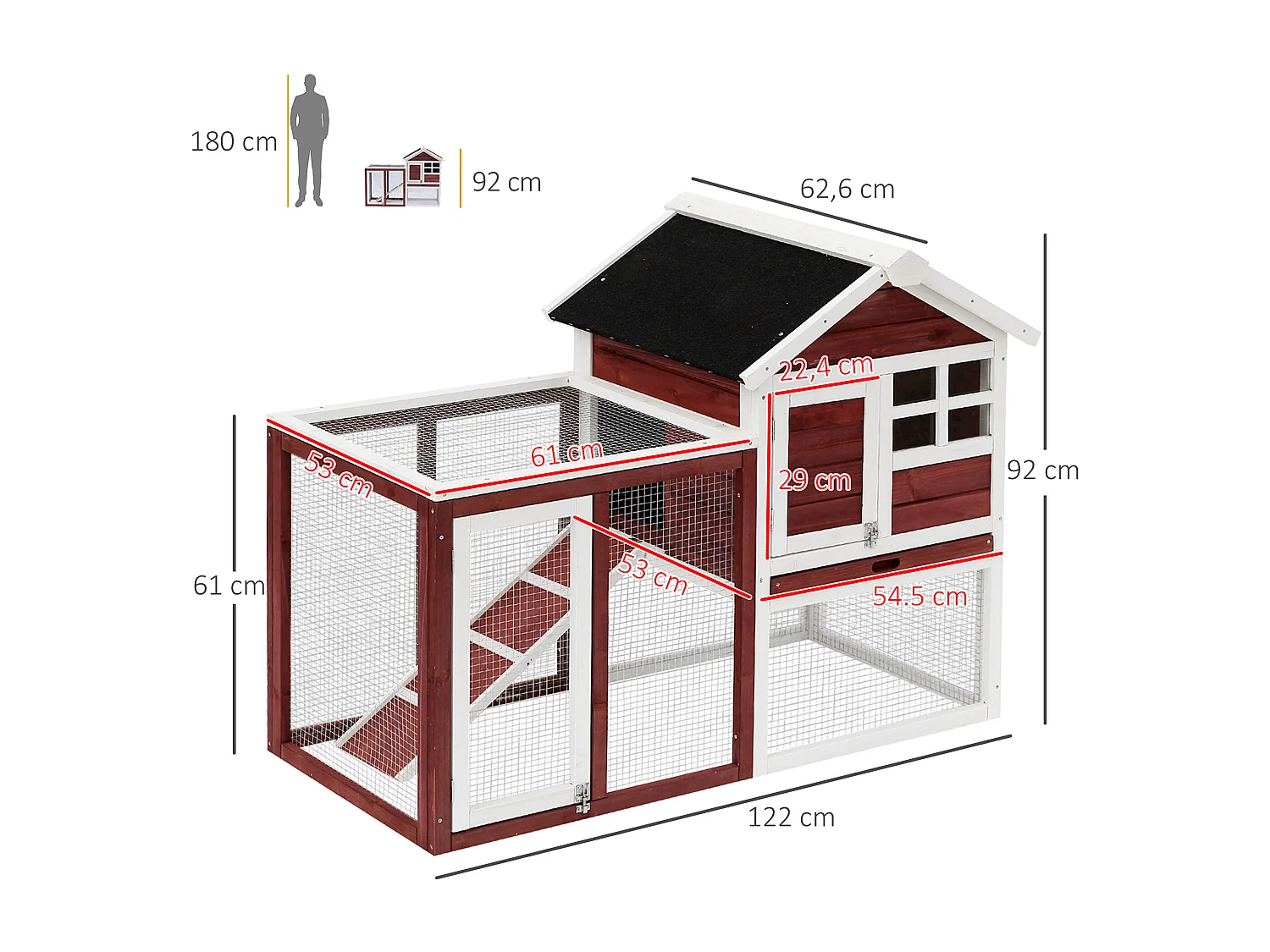 Conejera de madera exterior rojo 122x62.6x92 cm PawHut