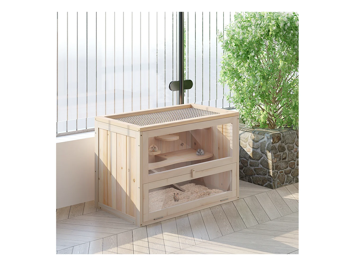 Jaula madera para hámster natural 60x35x42cm PawHut