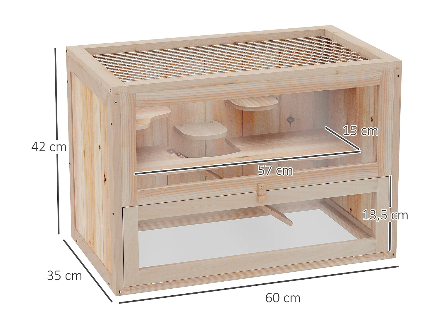 Jaula madera para hámster natural 60x35x42cm PawHut