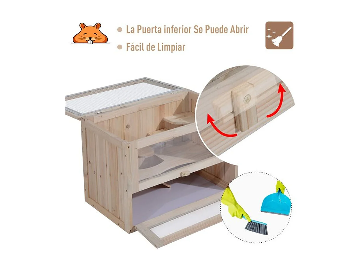 Jaula madera para hámster natural 60x35x42cm PawHut