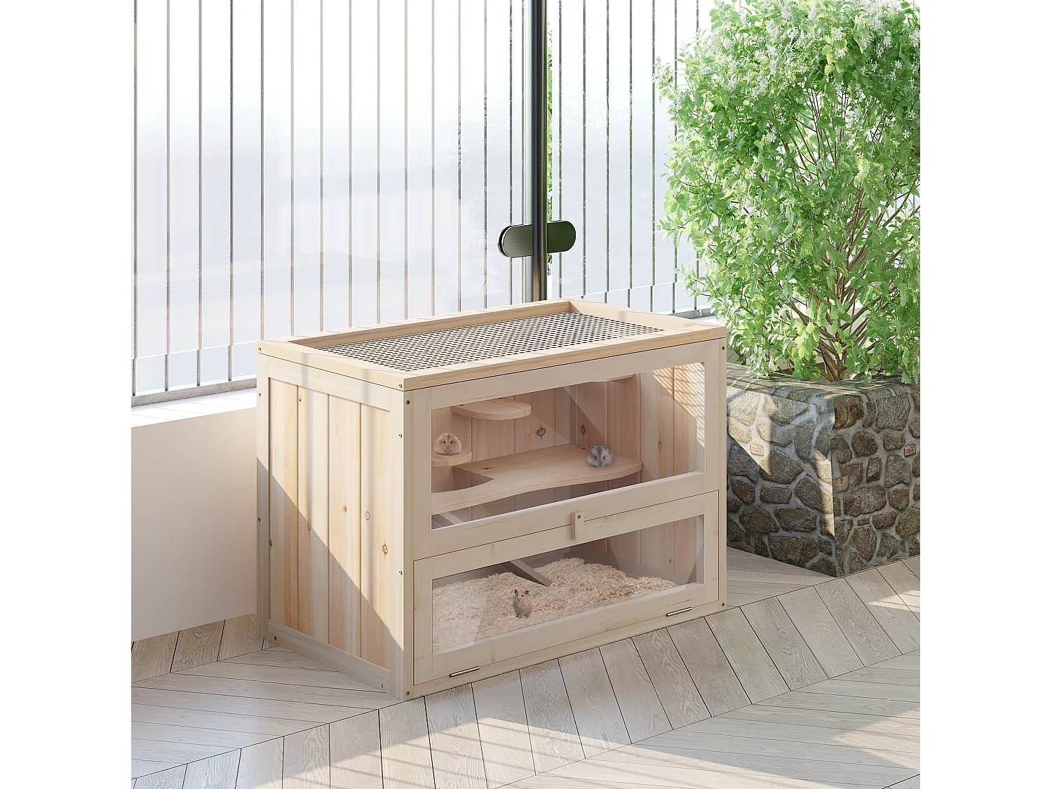 Jaula madera para hámster natural 60x35x42cm PawHut