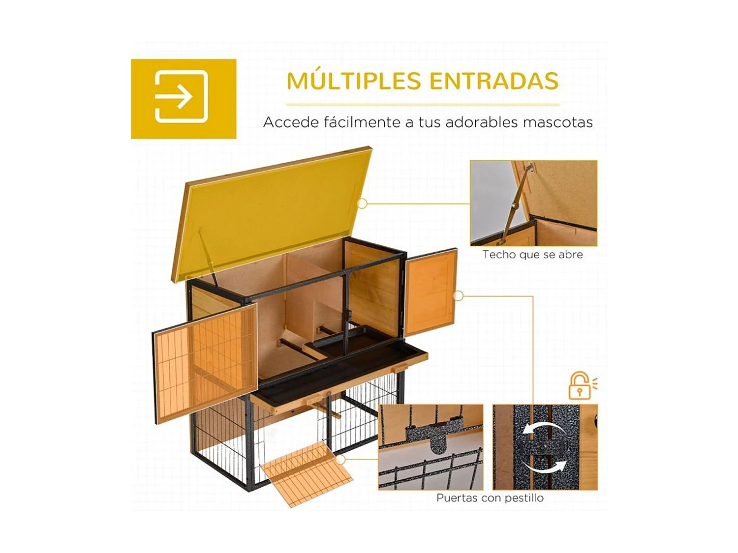 Conejera de exterior de madera amarillo, negro 89.5 x 45 x 81cm PawHut