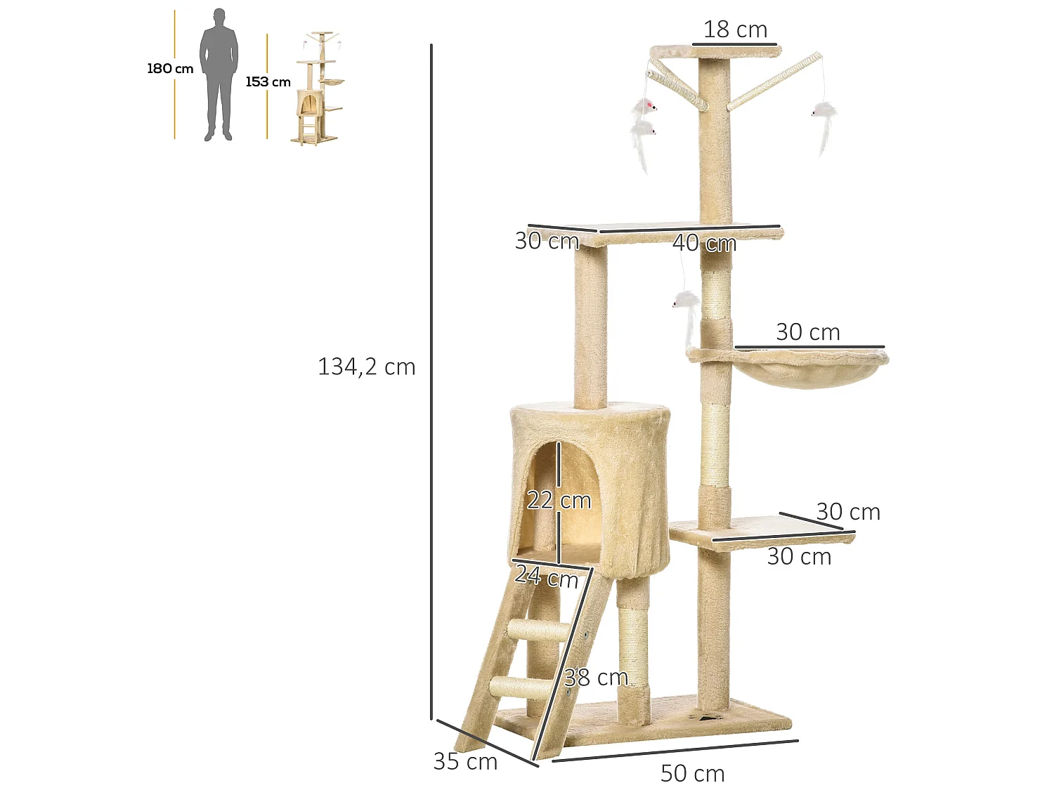 Árbol para gatos beige 50x35x134.2cm PawHut