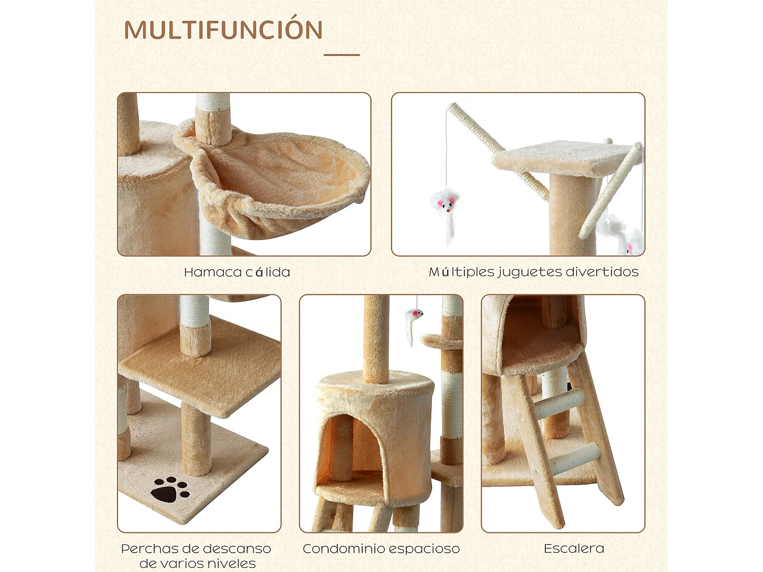 Árbol para gatos beige 50x35x134.2cm PawHut