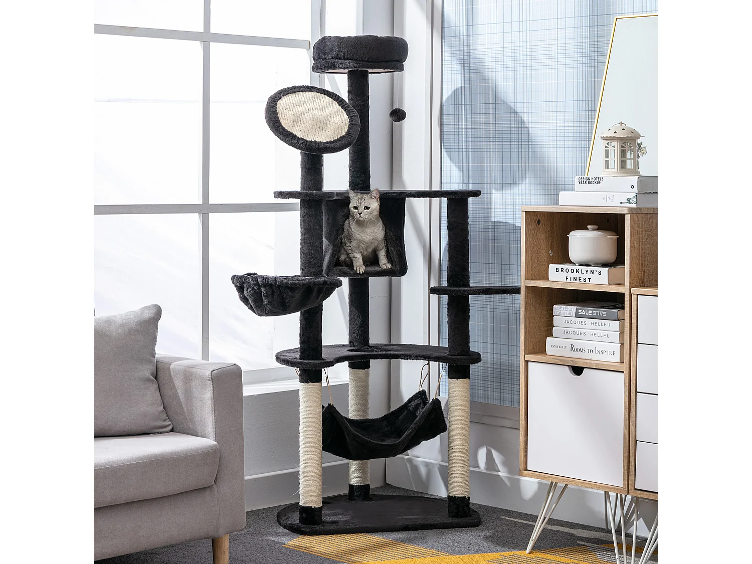 Árbol para gatos gris oscuro 64.5x50.5x153 cm PawHut