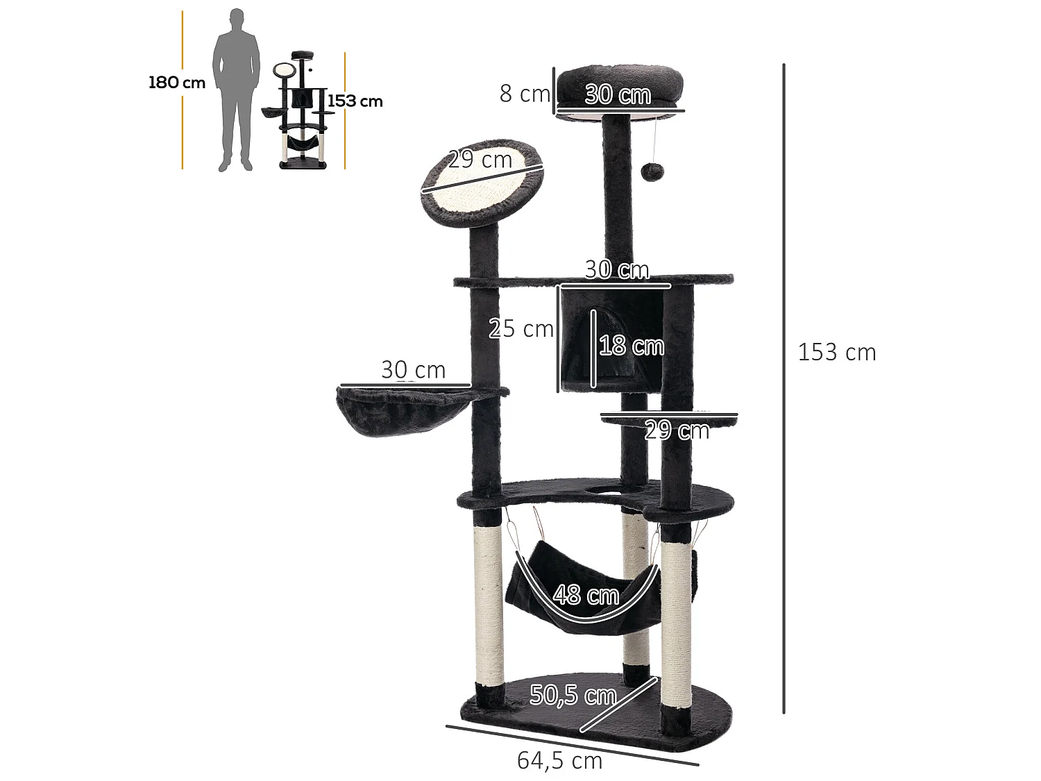 Árbol para gatos gris oscuro 64.5x50.5x153 cm PawHut