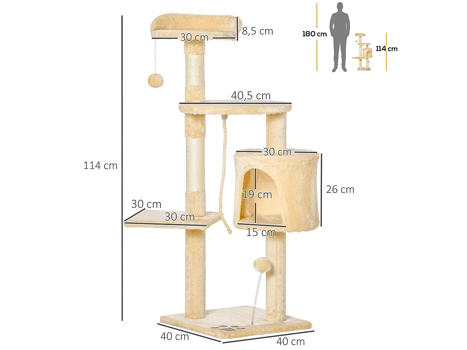 Árbol para gatos beige 40x40x114cm PawHut