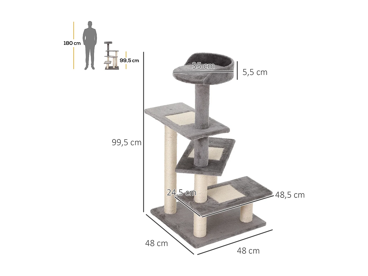 Árbol para gatos beige y gris 48x48x99,5 cm PawHut