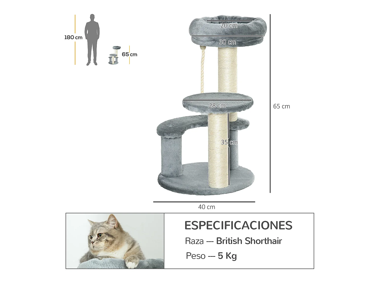Árbol para gatos gris 40x40x65 cm PawHut