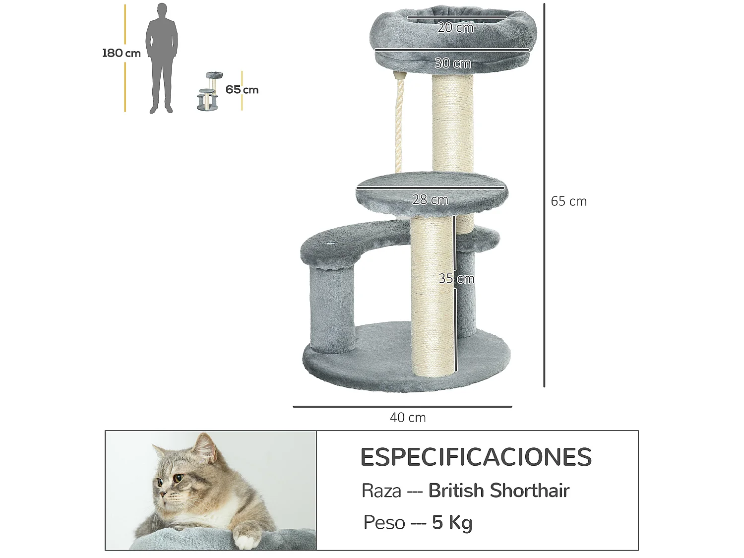 Árbol para gatos gris 40x40x65 cm PawHut
