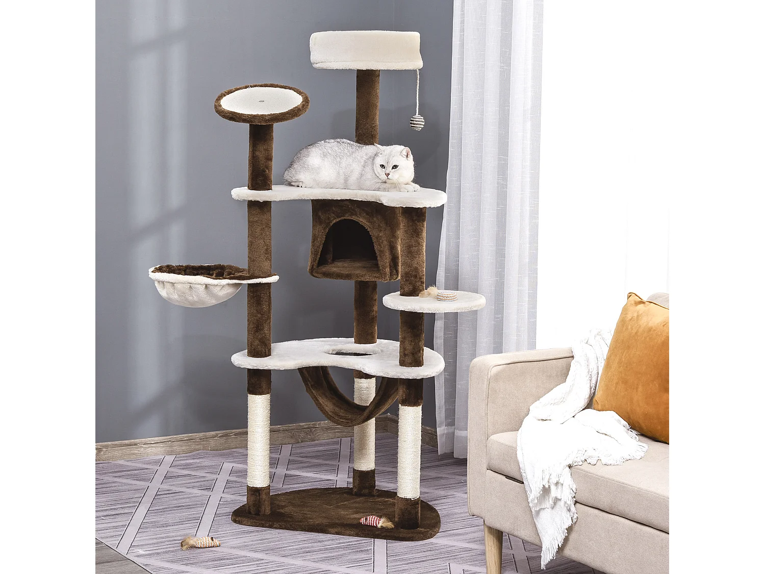 Rascador para gatos marrón y crema 65x50x153 cm PawHut