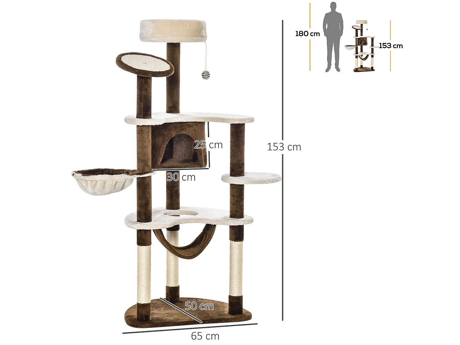 Rascador para gatos marrón y crema 65x50x153 cm PawHut