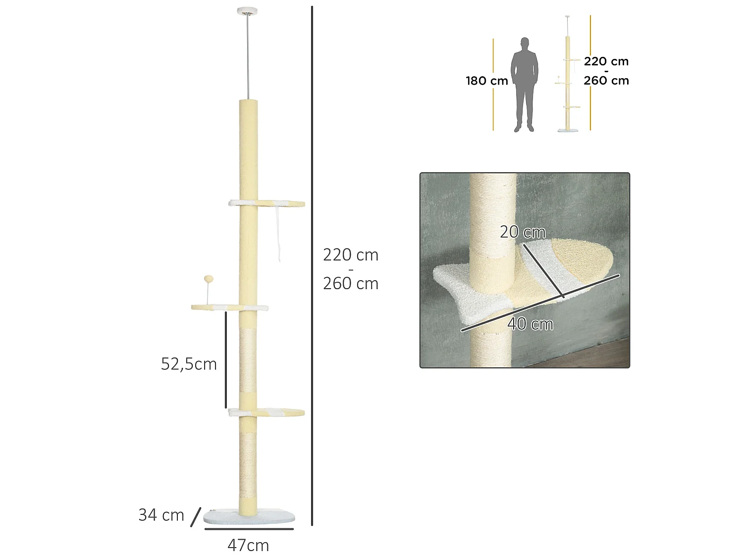 Árbol para gatos amarillo 47x34x260 cm PawHut