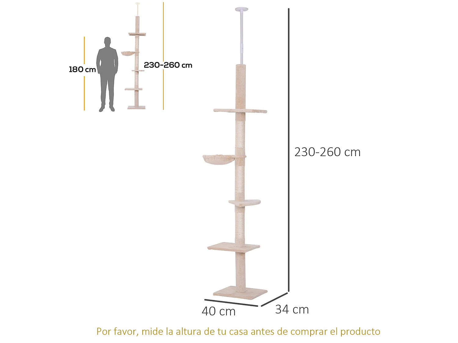 Árbol para gatos beige 40x34x260 cm PawHut