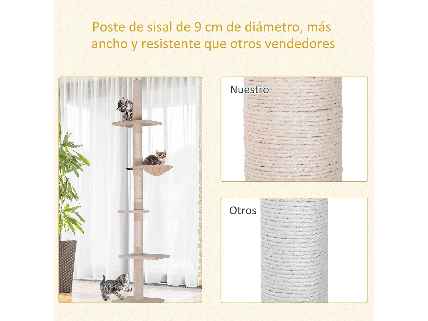 Árbol para gatos beige 40x34x260 cm PawHut