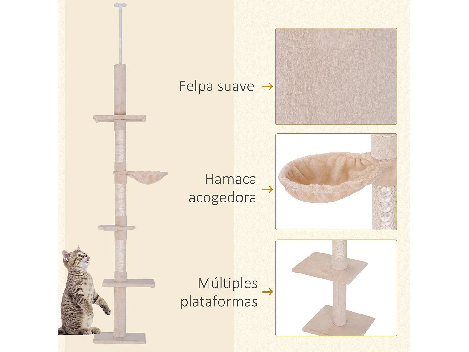 Árbol para gatos beige 40x34x260 cm PawHut