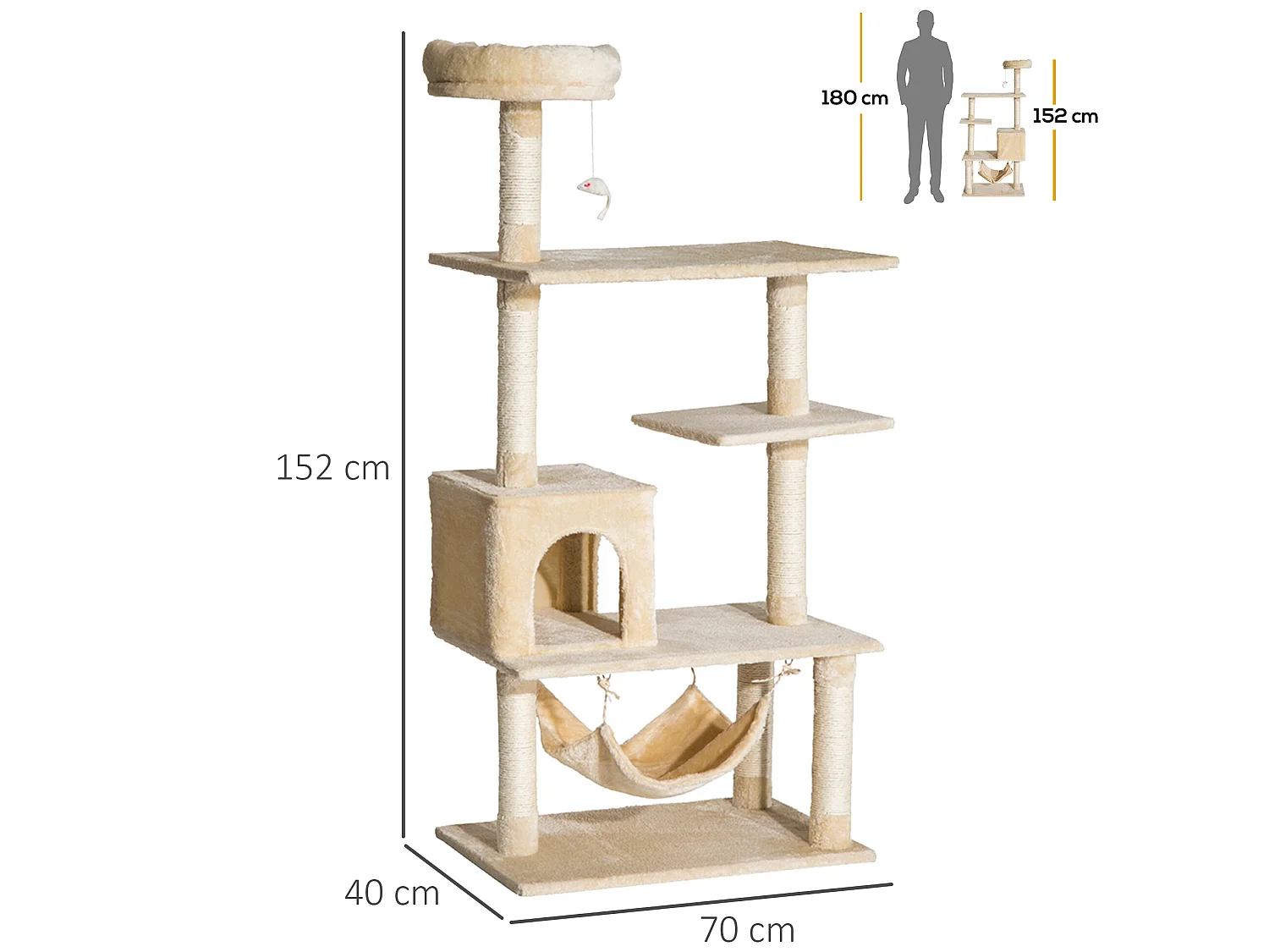 Árbol para gatos beige 70x40x152 cm PawHut