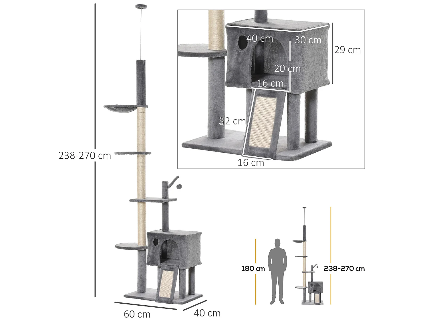 Árbol rascador para gatos gris claro 60x40x270 cm PawHut
