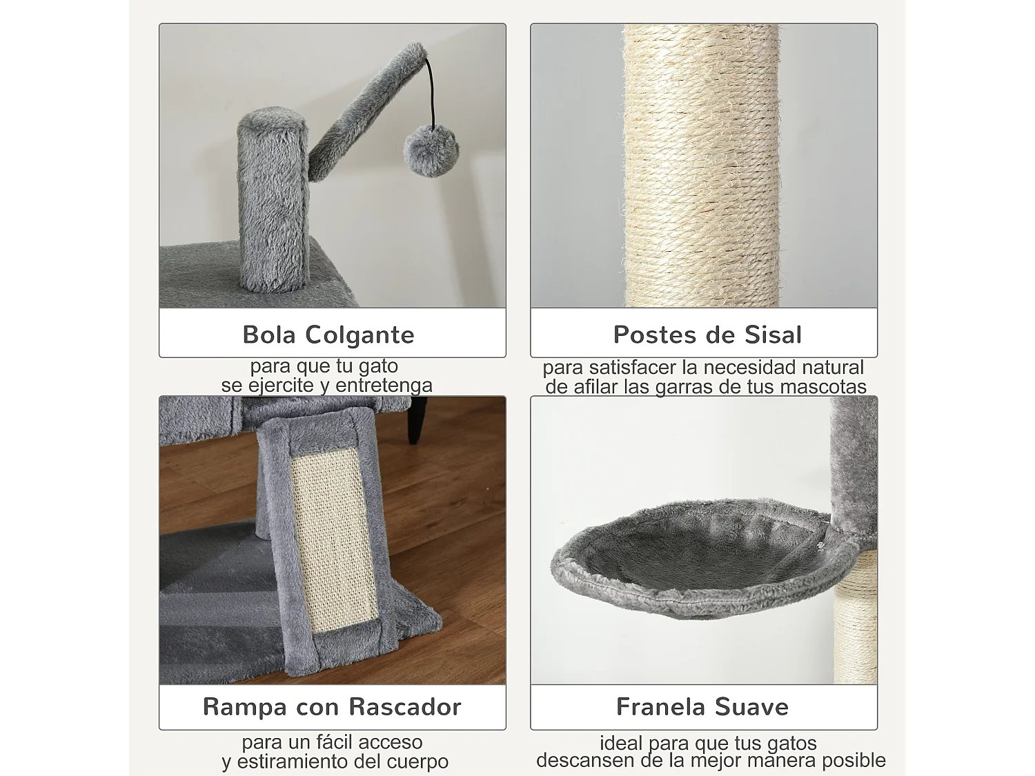 Árbol rascador para gatos gris claro 60x40x270 cm PawHut