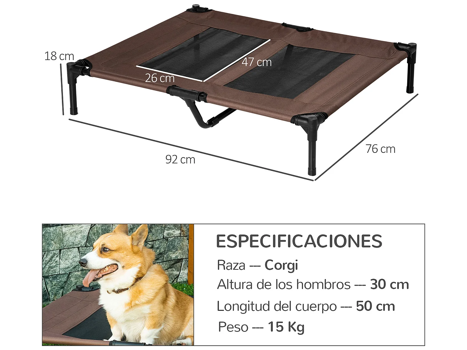 Cama elevada para perros café 92x76x18 cm PawHut