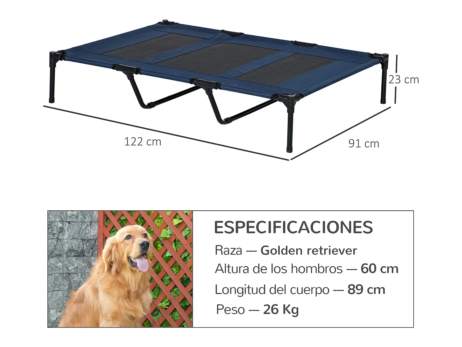 Cama elevada para perros azul 122x92x23 cm PawHut